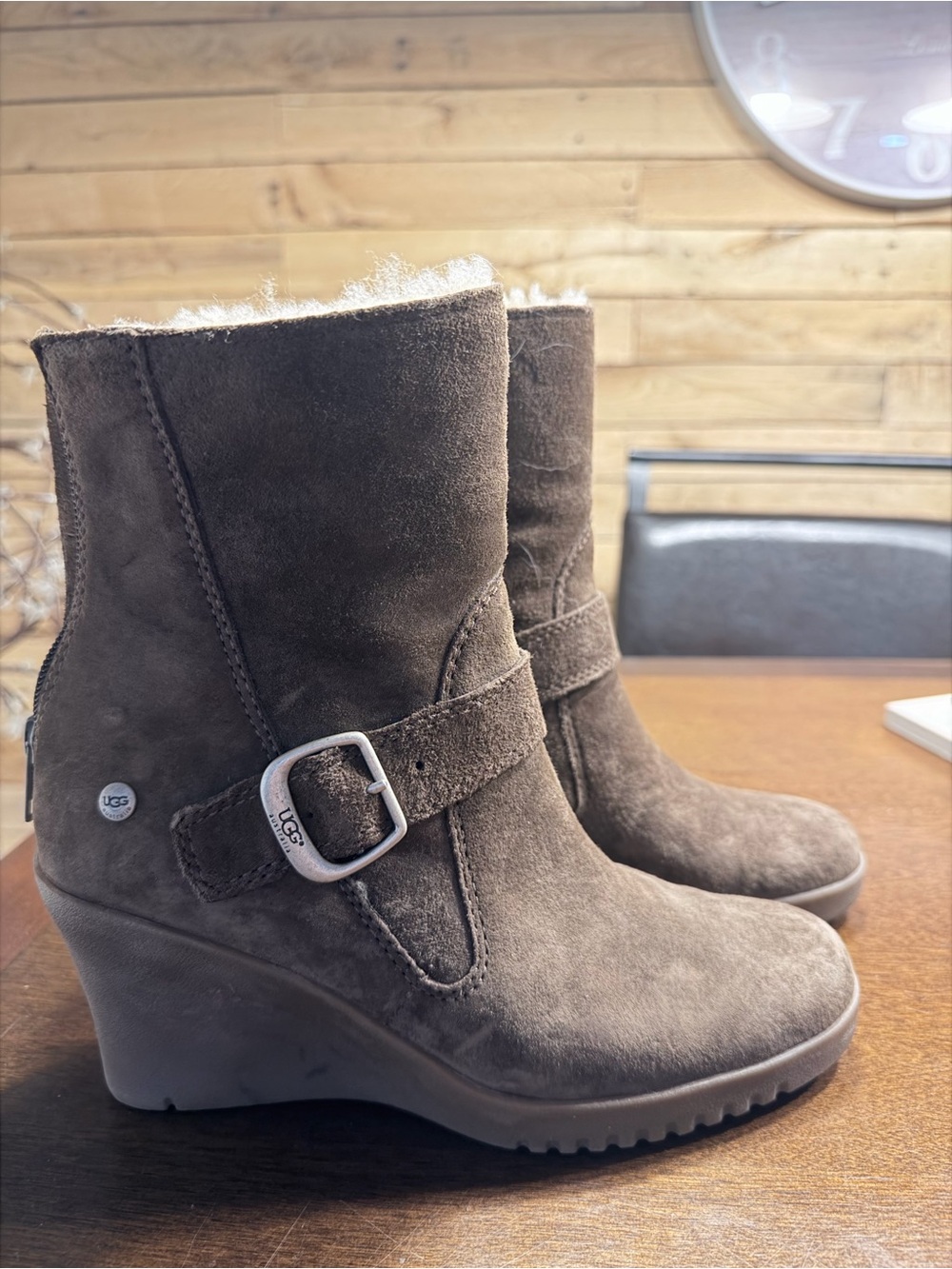 UGG Women's Taupe Suede Shearling-Lined Wedge Boot
